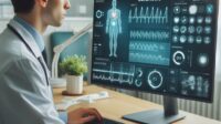 Seorang dokter sedang melihat hasil diagnosa di layar monitor rumah sakit yang menampilkan grafik dan analisis kesehatan pasien berbasis kecerdasan buatan, suasana ruangan terang dan modern, gaya realistis seperti jepretan kamera DSLR, fokus tajam pada layar dan wajah dokter.